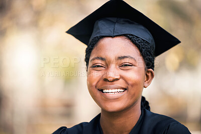 Buy stock photo Black girl, smile and portrait on graduation for celebration, accomplishment and achievement for future career. Student, scholarship and education milestone with pride, success and graduate ceremony.