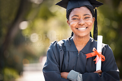 Buy stock photo Portrait, graduation or certificate with a student black woman on university campus at a scholarship event. Education, smile or degree with a happy female pupil standing outdoor as a college graduate