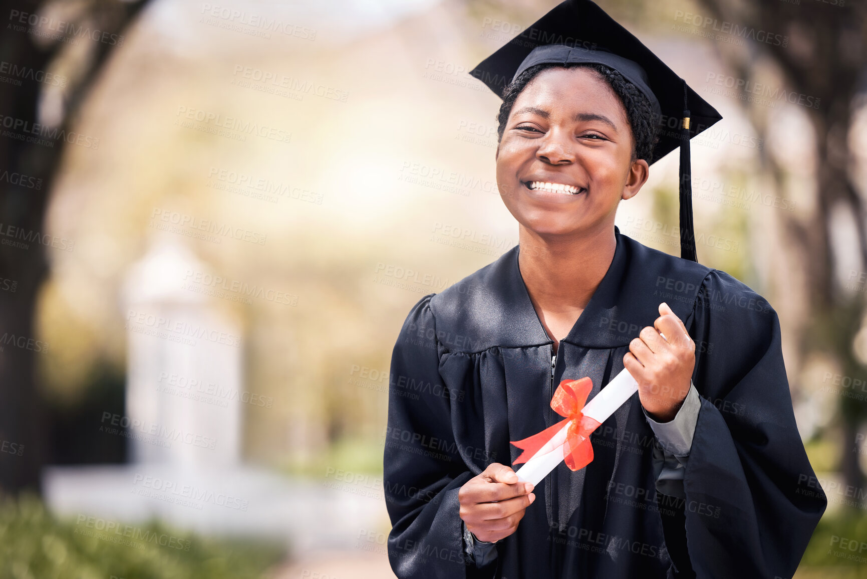 Buy stock photo Portrait, education or certificate with a graduate black woman on university campus at a scholarship event. Graduation, smile or degree with a happy female student outdoor for college graduation