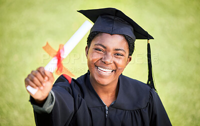 Buy stock photo Portrait, graduation or degree with a student black woman on university campus at a scholarship event. Education, smile or diploma with a happy female pupil standing outdoor as a college graduate