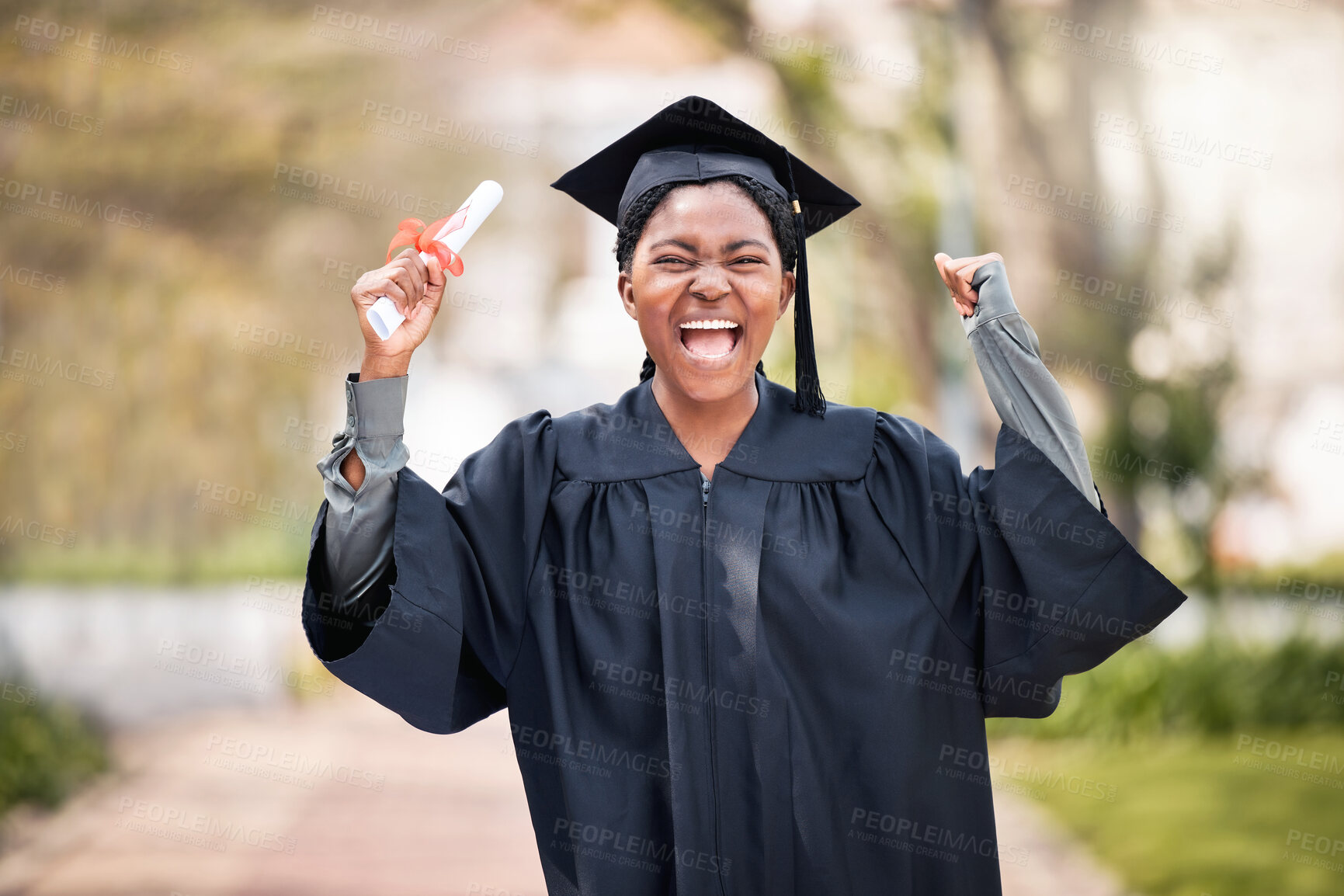 Buy stock photo Woman, student and graduation or excited with diploma, university goals and education success or achievement. Certificate, happy and college or future hope with award, outside and academic degree