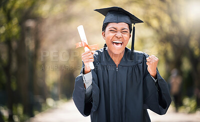 Buy stock photo Graduation, success and excited black woman with certificate, smile and celebration for university education. Happy, campus and student with diploma for scholarship achievement with college degree.