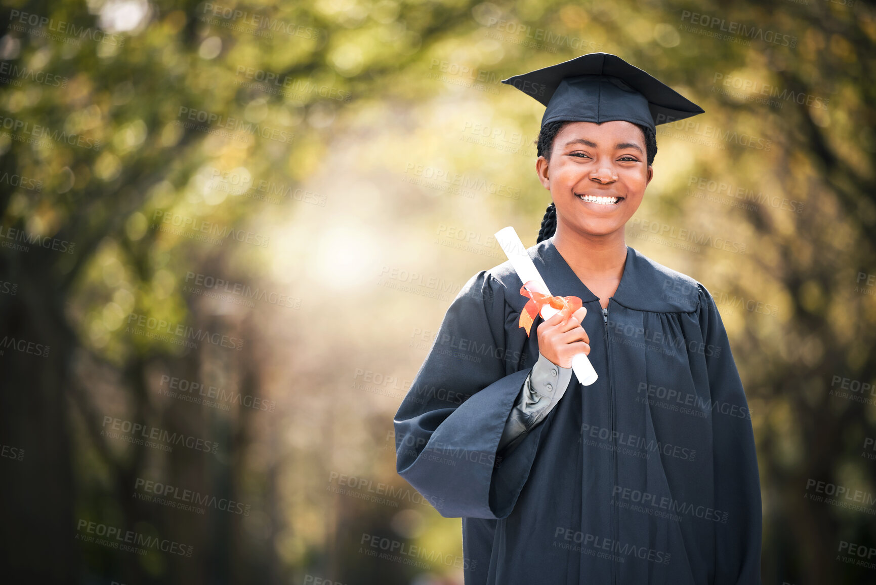 Buy stock photo Portrait, mockup or certificate with a graduate black woman on university campus at a scholarship event. Education, smile or degree with a happy female student standing outdoor for college graduation