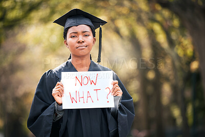 Buy stock photo Portrait, graduation or poster with a black woman in doubt as a student at a university event. Confused, question and a female college graduate standing on campus asking what now after scholarship