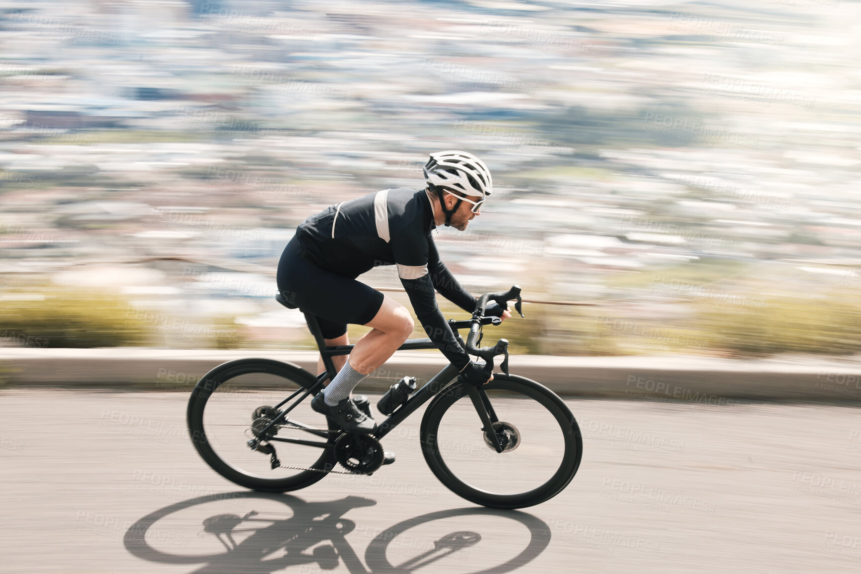 Buy stock photo Fitness, bike or cyclist on road with motion blur, endurance training or speed in cardio workout. Fast, space or man outdoor with bicycle, physical activity or riding practice in sports hobby.