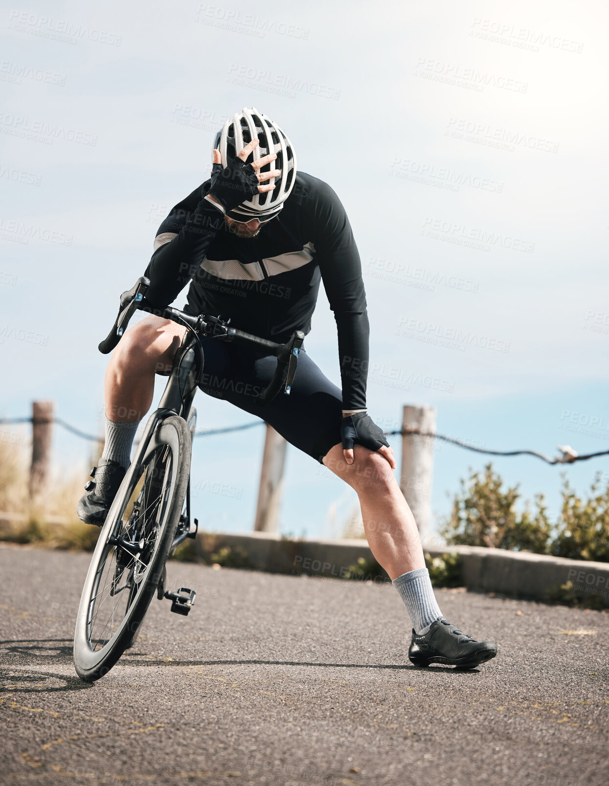 Buy stock photo Full length shot of a handsome mature man taking a break while cycling outdoors