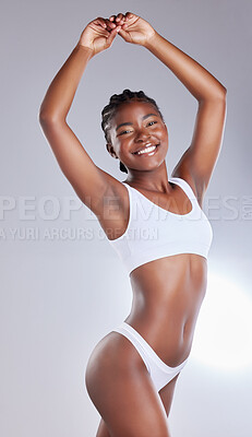 Buy stock photo Black woman, portrait and underwear in studio for health, wellness and fashion model aesthetic. Girl, lingerie and natural body with smile for fitness, transformation or beauty on white background