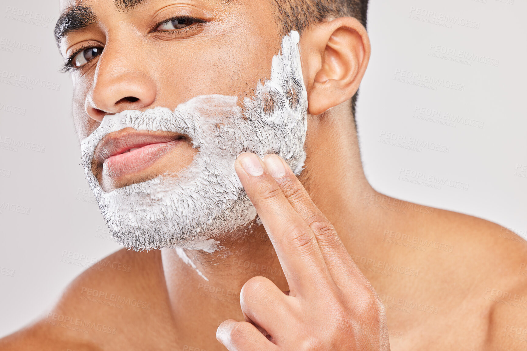 Buy stock photo Grooming, man and shaving cream in portrait, routine and wellness in body care, hygiene and background. Male person, cosmetics and fresh for confidence, masculine and hair removal product in studio