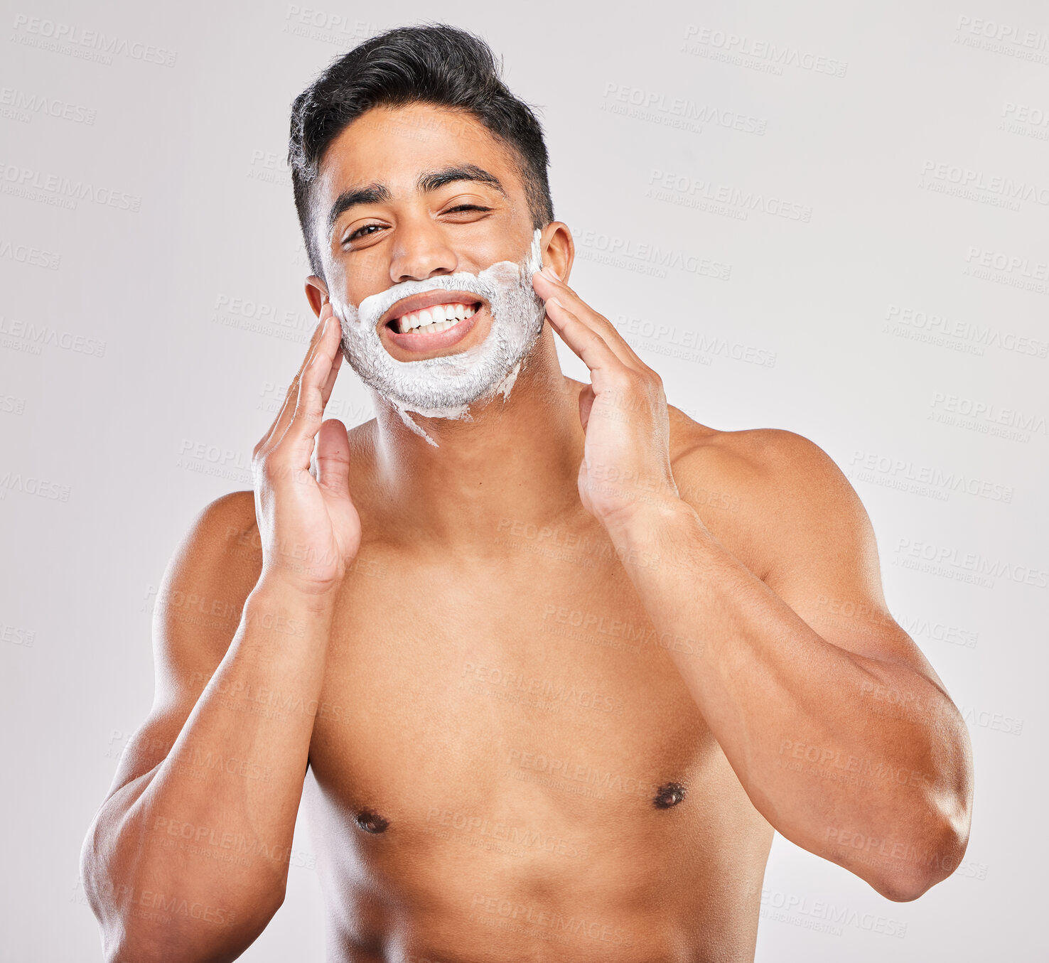 Buy stock photo Grooming, man and shaving in portrait, routine and wellness in body care, hygiene and grey background. Male person, cosmetics and fresh for confidence, masculine and hair removal or product in studio