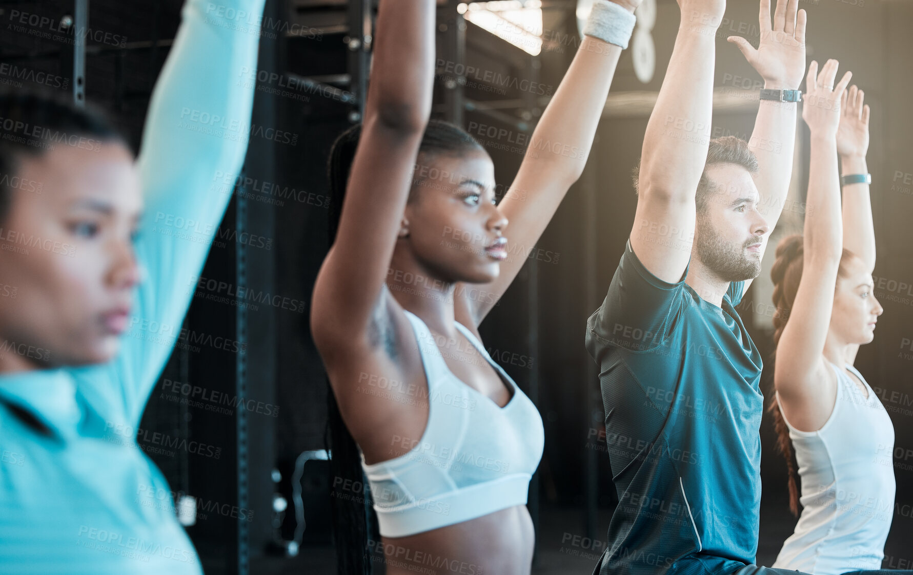 Buy stock photo Fitness, group and arms for lunge exercise at a gym with diversity, energy and motivation. Strong men and black woman, friends or people focus together for class, sport training and wellness workout