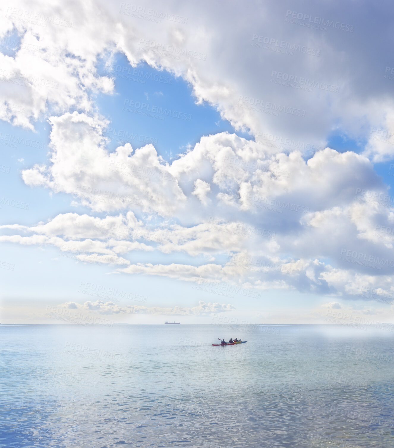 Buy stock photo Kayak, canoe or rowboat on a beautiful ocean, beach or sea with clouds in sky background outdoors. Scenic view of calm waves of water at a coast with relaxing, peaceful and bright landscape in nature