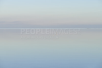 Buy stock photo Beautiful, sky and blue beach with sea water on a relaxed and calm day in nature with copy space. Landscape view of a peaceful ocean, perfect for a natural and relaxing wallpaper background