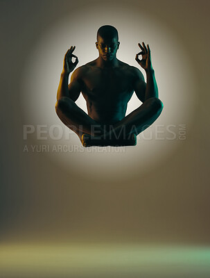 Buy stock photo Meditation shadow, float or relax man meditate in spiritual mental health, chakra energy balance or soul aura healing. Zen mindset peace, mindfulness or model silhouette isolated on studio background