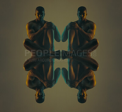 Buy stock photo Art, reflection and body portrait of black man sitting naked on studio background. Fashion, skin and beauty, serious nude male model in multiple creative pose reflected on dark mirror floor with neon