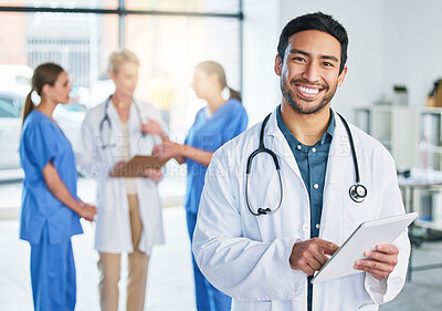 Buy stock photo Medical, doctor and tablet with portrait of man in hospital for digital report, networking and expert research. Medicine, healthcare and app with male physician for technology, results and internet