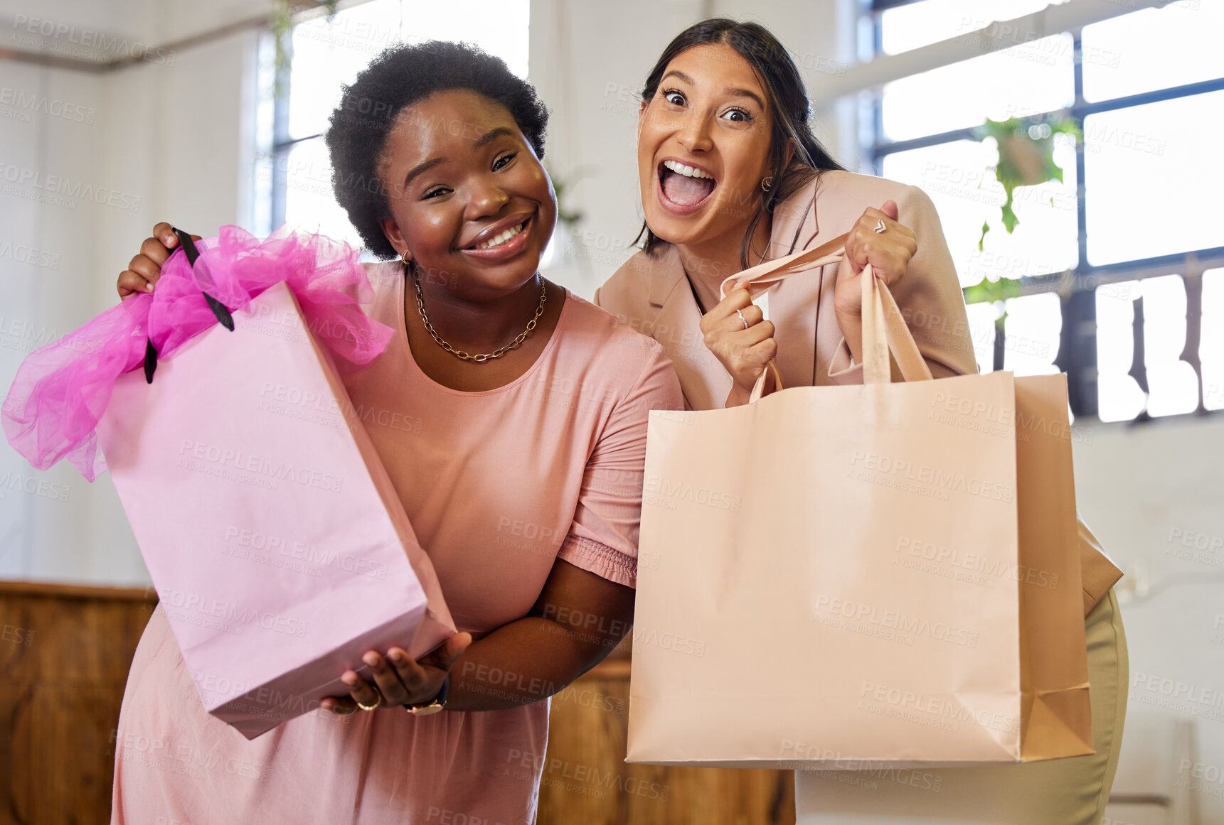 Buy stock photo Woman, friends and bags from shopping or winner, excited and happy for gifts in retail clothing store. Sale, products and discount offers in shop, Black Friday and purchase from fashion boutique 