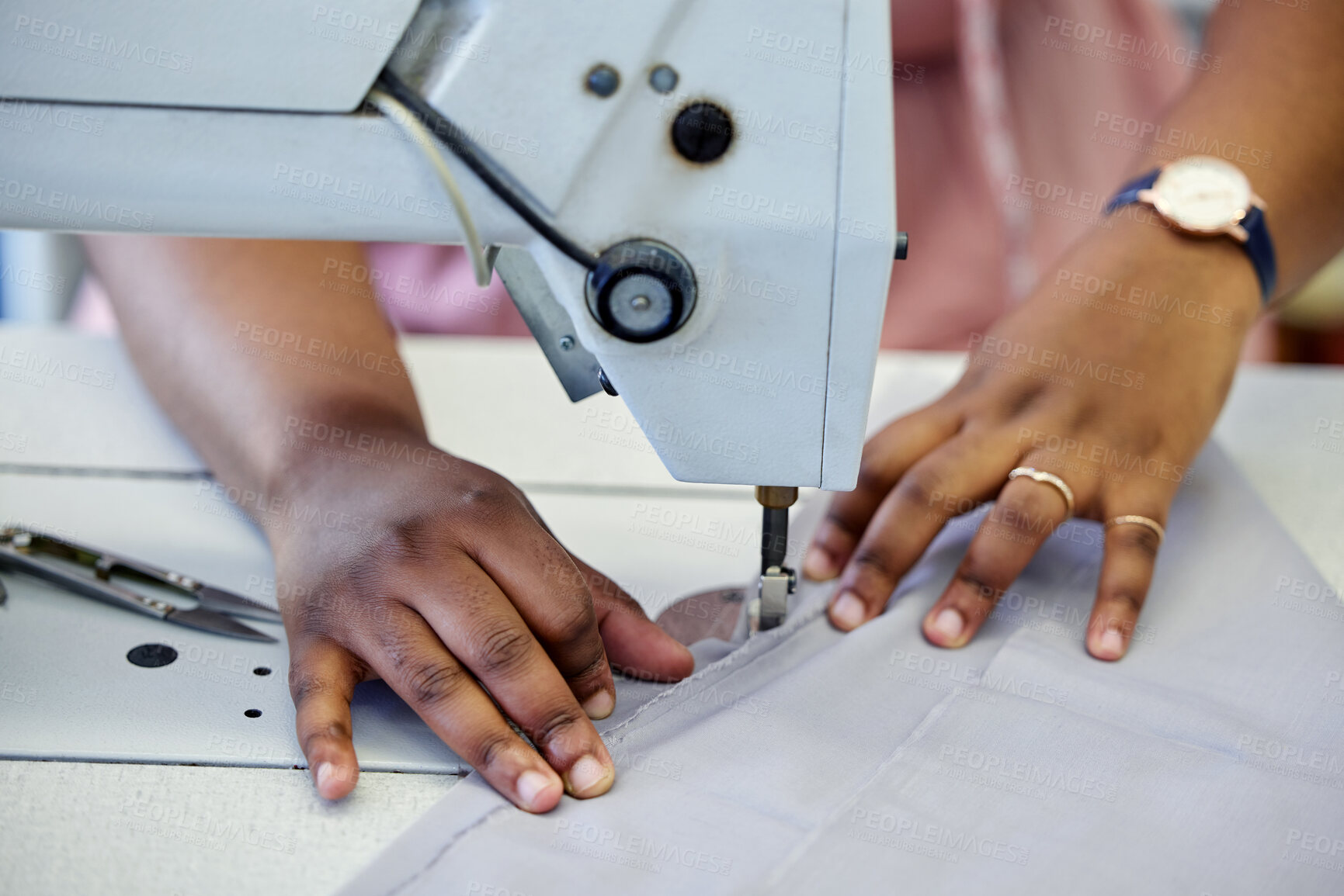 Buy stock photo Black woman, sewing and fashion design or working in closeup, creative industry with clothes. Female entrepreneur, small business and machine in boutique for career, service with fabric for job