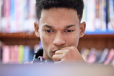 Buy stock photo Man, student and thinking on library computer, studying and learning knowledge on school website. Male person, college and online course for information, contemplation and internet for university