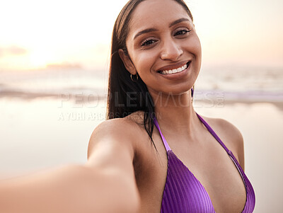 Buy stock photo Selfie, happy and portrait of woman by beach for summer holiday, vacation and relax on weekend. Travel, swimsuit and face of person take picture for social media, online post and memory by ocean