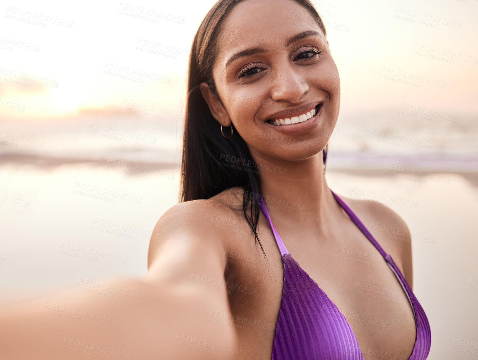 Buy stock photo Selfie, happy and portrait of woman by beach for summer holiday, vacation and relax on weekend. Travel, swimsuit and face of person take picture for social media, online post and memory by ocean