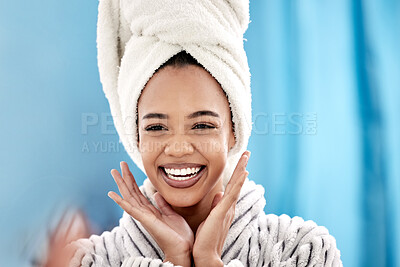 Buy stock photo Woman, beauty and natural skincare in bathroom for morning shower with towel, skin glow and confidence. Female person, face and smile in spa with dermatology and luxury aesthetic on blue background