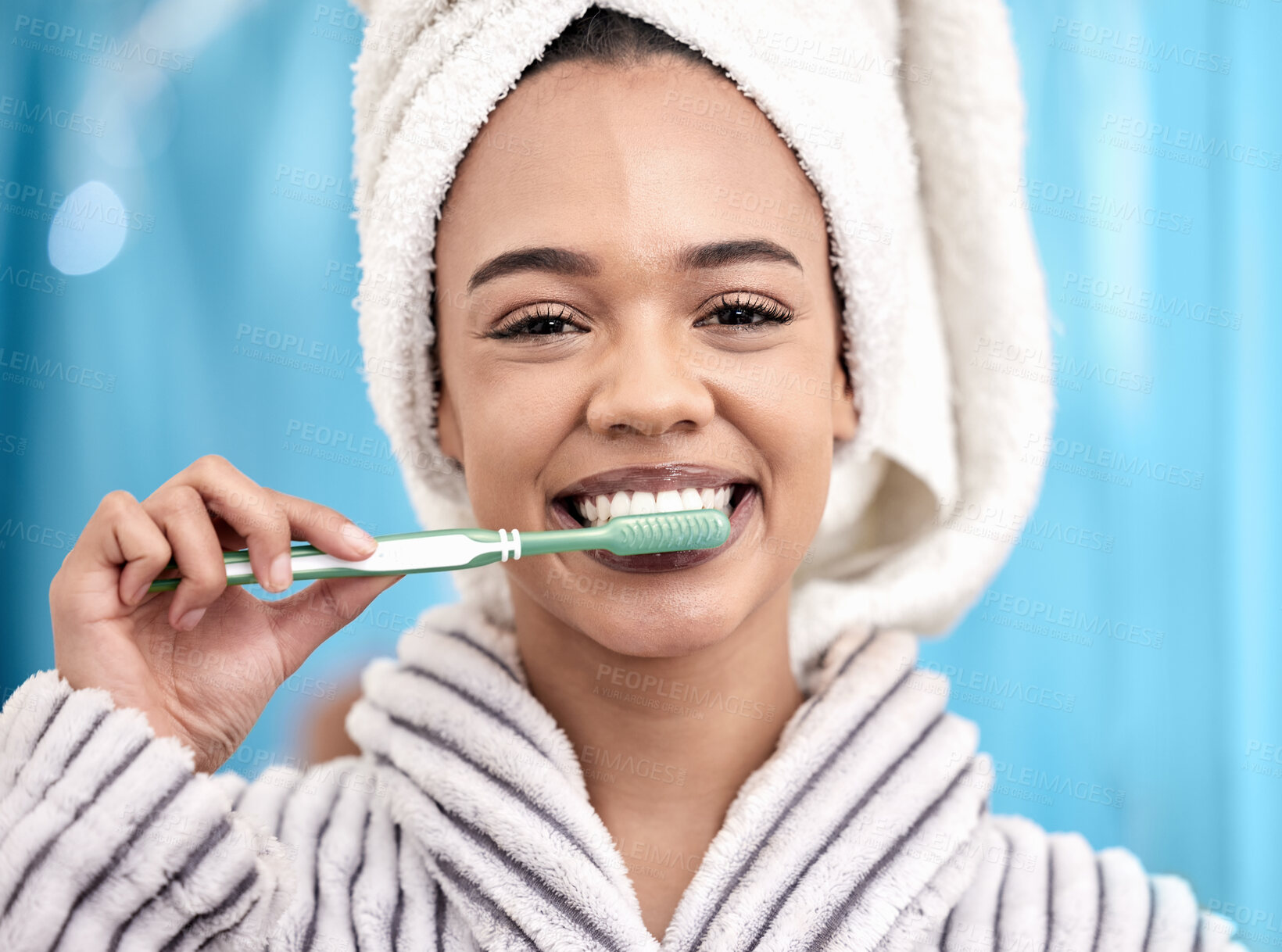 Buy stock photo Woman, portrait and brushing teeth in bathroom for wellness with dental health, morning routine and toothbrush. Female person, face and smile in home with oral care for cleaning mouth and results