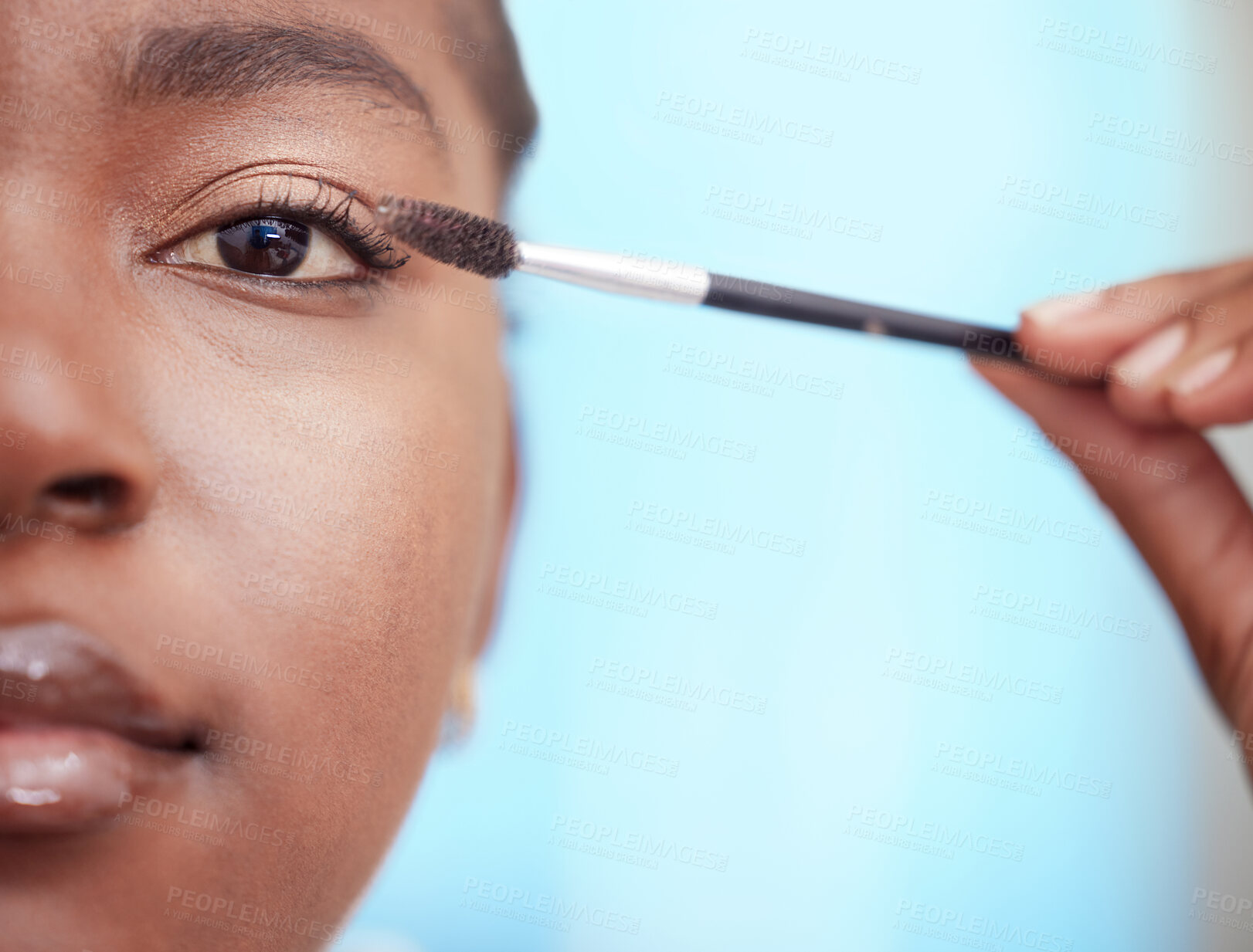 Buy stock photo Portrait, beauty and black woman with mascara brush in home bathroom for skin, makeup or extension. Apply cosmetics, eyelash and half face of girl with product for morning routine to prepare closeup