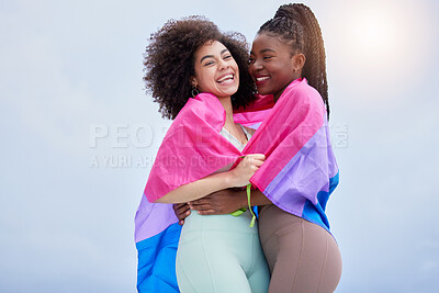 Buy stock photo Lesbian, couple and women with a flag, hug and support with romance, bonding and loving together. Romantic, happy girls or pride with equality, freedom or embrace with solidarity, lgbtq or liberation