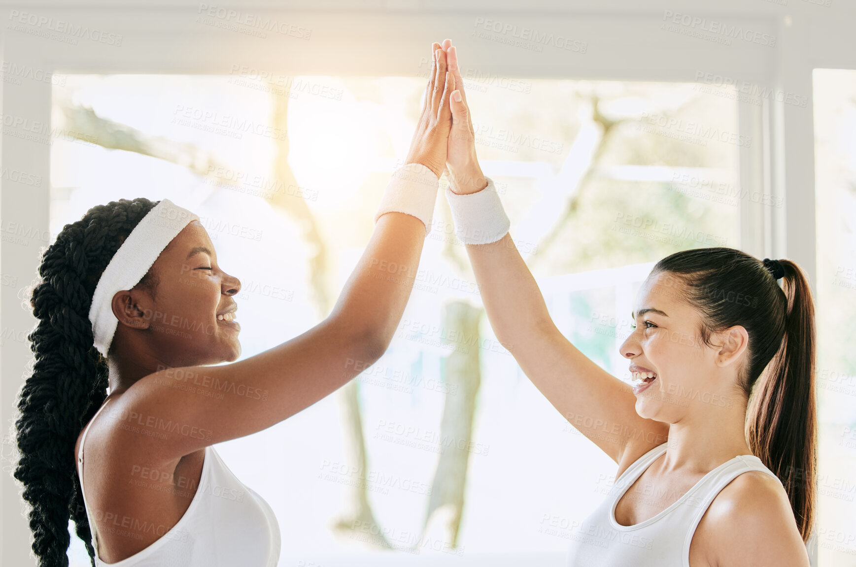 Buy stock photo Girls, tennis and high five for celebration, achievement and success while playing in Australia tournament. Team, sports and collaboration victory for doubles, cooperation and winning competition  