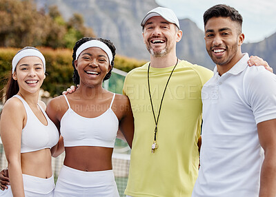 Buy stock photo Cropped portrait of three young tennis players and their coach standing outside on the court
