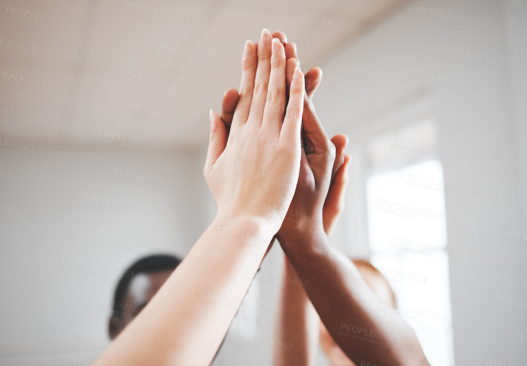 Buy stock photo Group, hands and people with high five in ballet for team building, motivation and support in lesson. Friends, students and dancer with gesture in air for theater production, success or collaboration