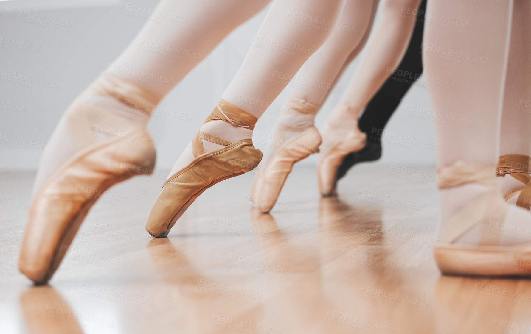 Buy stock photo People, feet and ballet dancers with shoes on floor for lesson or class in row, line or studio. Closeup of female person or ballerina group with foot, legs or toes pointing in performance or training