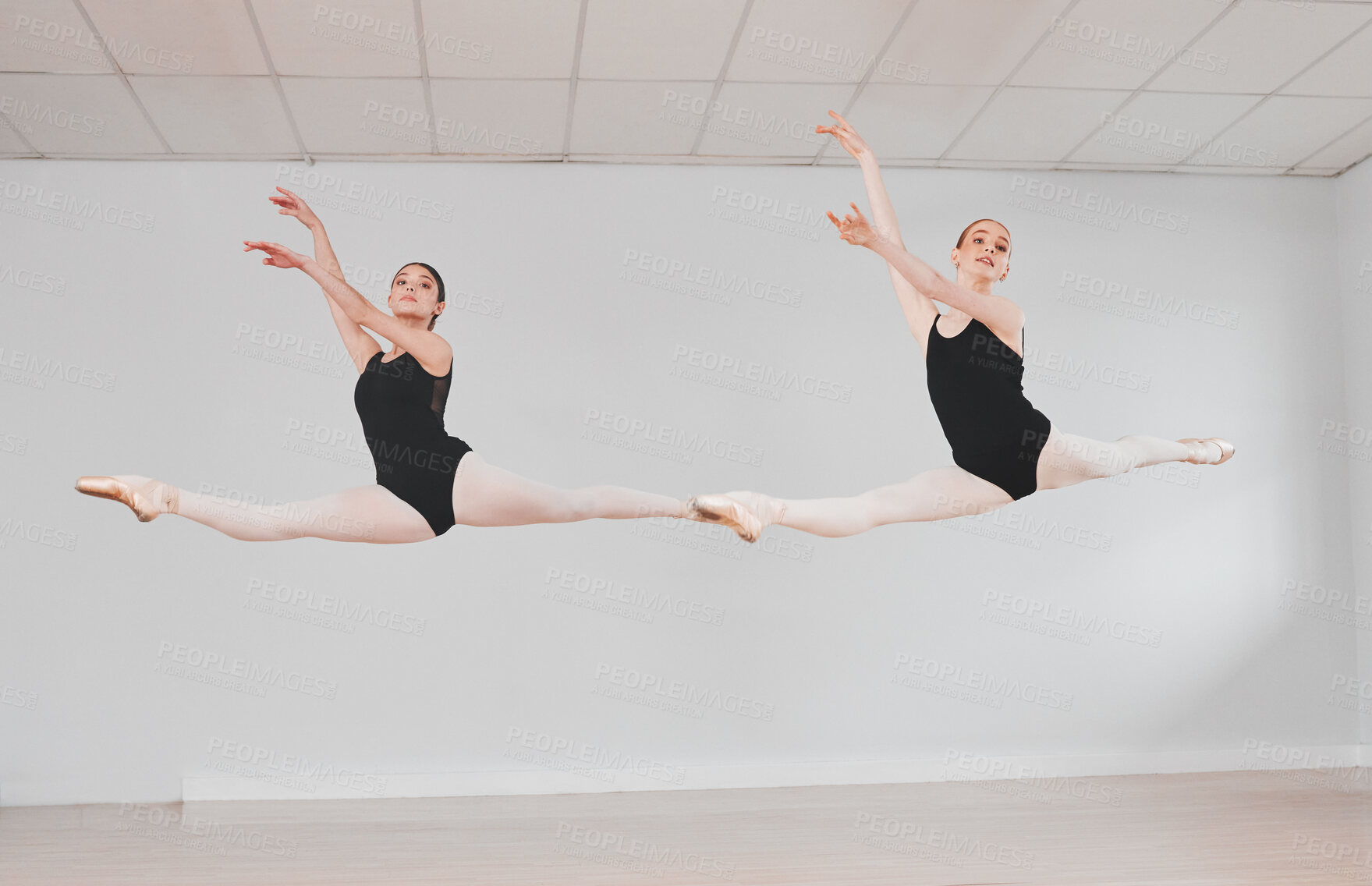 Buy stock photo Portrait of two ballet dancers practicing their routine together