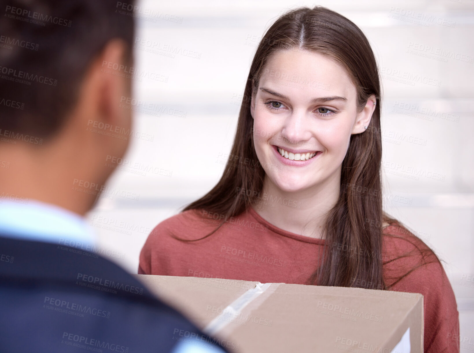 Buy stock photo Woman, package and smile for delivery service at front door, cargo or distribution with courier. Female person, happiness and box for logistics or online shopping, sale on product with shipping