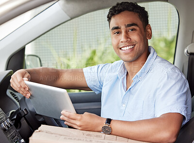 Buy stock photo Portrait, tablet and delivery with a man in a van searching for directions to a location or address for shipping. Ecommerce, logistics and supply chain with a young male courier driving a vehicle