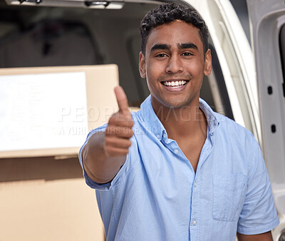 Buy stock photo Portrait, thumbs up or delivery man with van, shipping company and opinion with smile and service excellence. Supply chain, happy or proud courier review with okay hand gesture with cardboard package