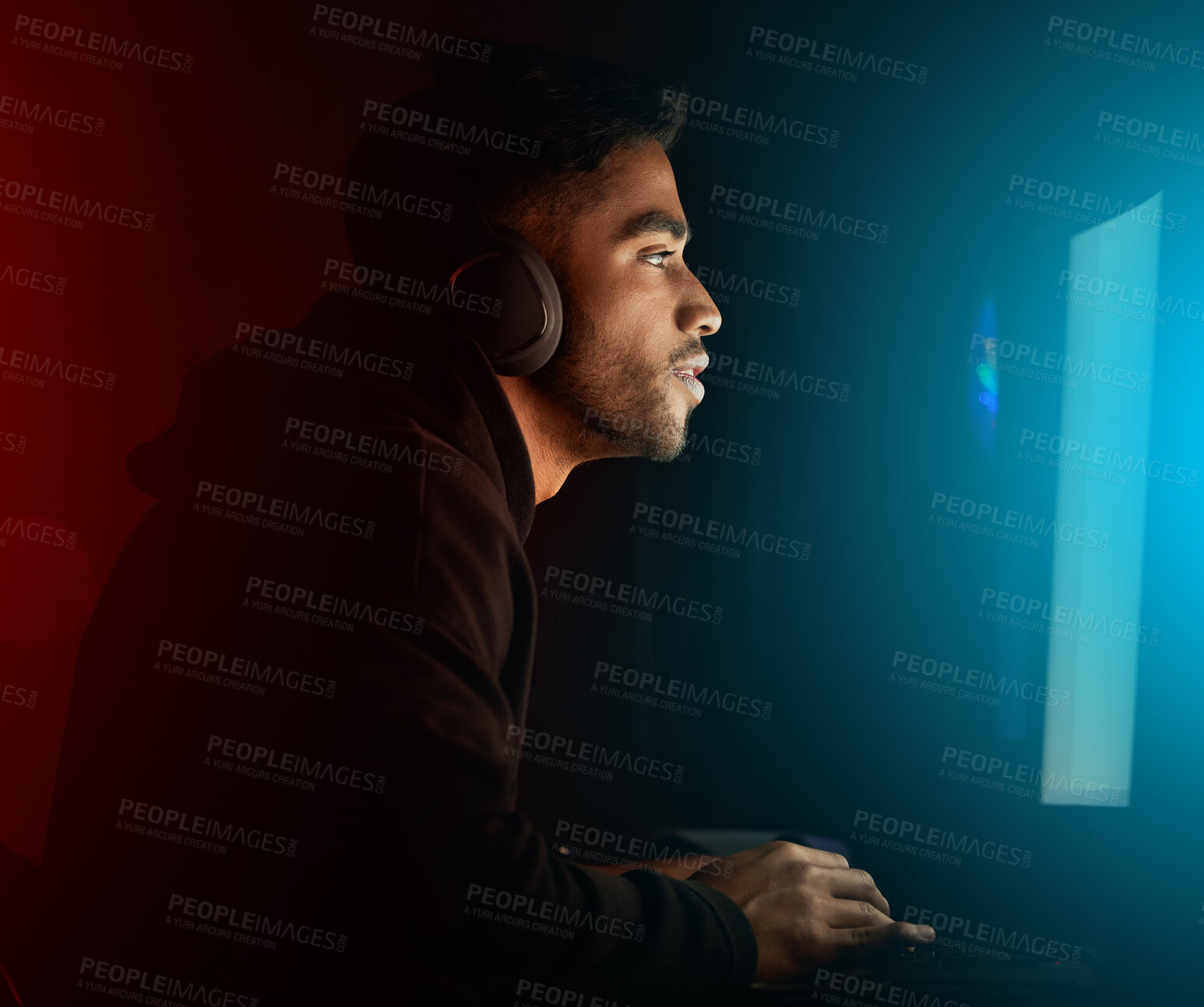 Buy stock photo Gaming, pc and man in pro esports competition with online video games and virtual challenge. Gamer, nerd and person in dark room with technology for live streaming cyber contest on computer in home