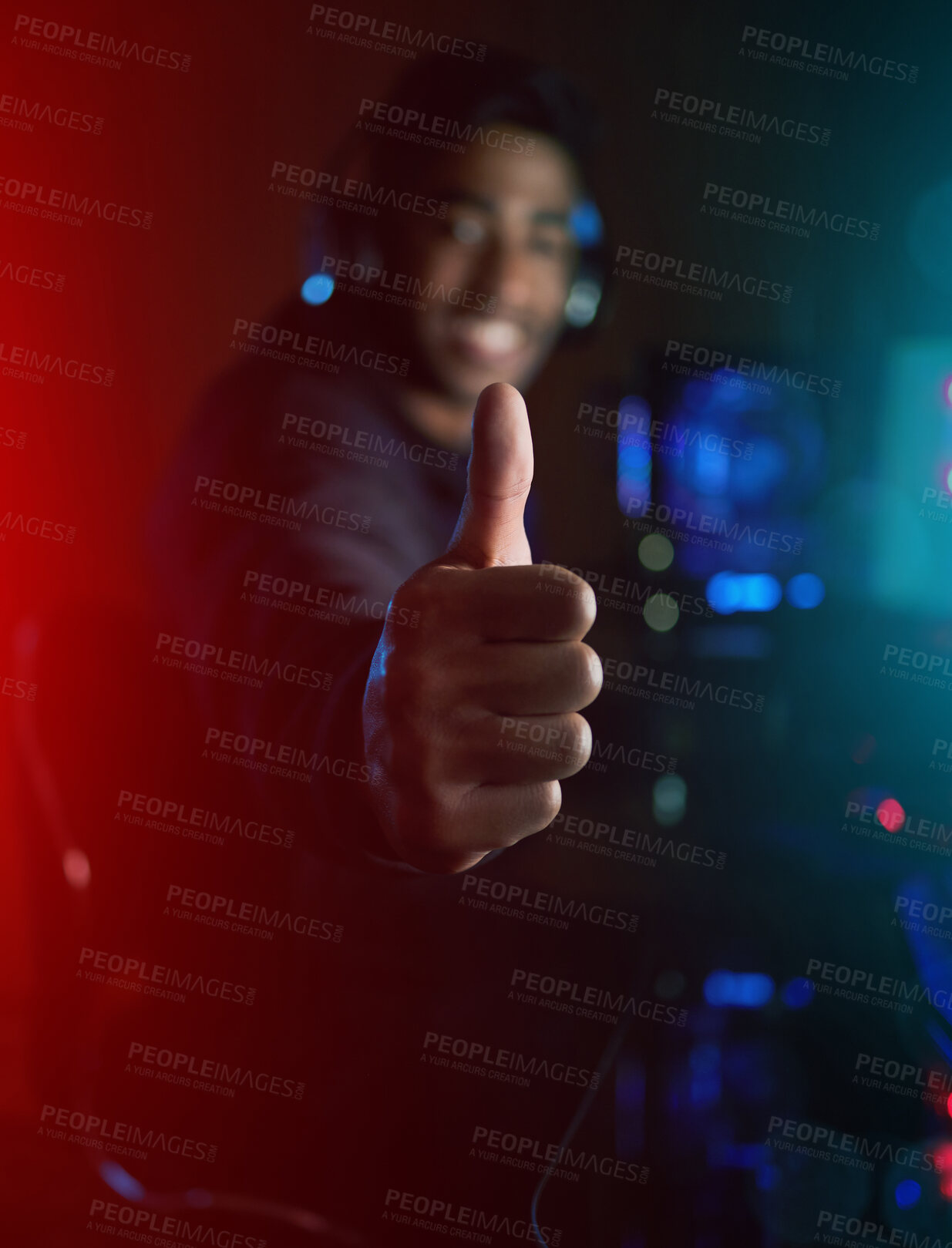 Buy stock photo Gamer, man and thumbs up with hand in home, dark and happy for streaming, challenge and contest on web. Person, sign and symbol for like, yes and agreement for pro gaming, esports and competition