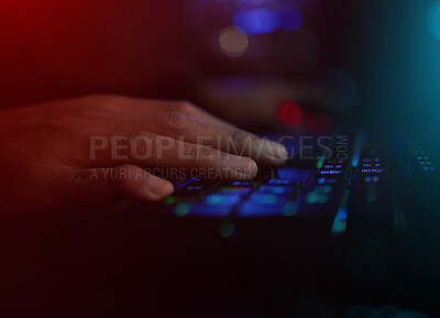 Buy stock photo Hands, neon and keyboard for internet event, online and gaming with person at home in dark room. Influencer, gen z and gamer with playing for esports, video game or live streaming in bedroom in house