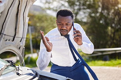 Buy stock photo Phone call, car insurance and frustrated with black man in nature for roadside assistance, safety and emergency. Stress, angry and transportation with driver and vehicle breakdown for motor and help