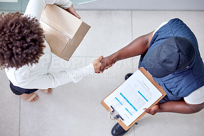 Buy stock photo Delivery, clipboard and man shaking hands with woman for shipping, logistics and supply chain service. Ecommerce, online shopping and top view of male courier deliver box, parcel and order to client