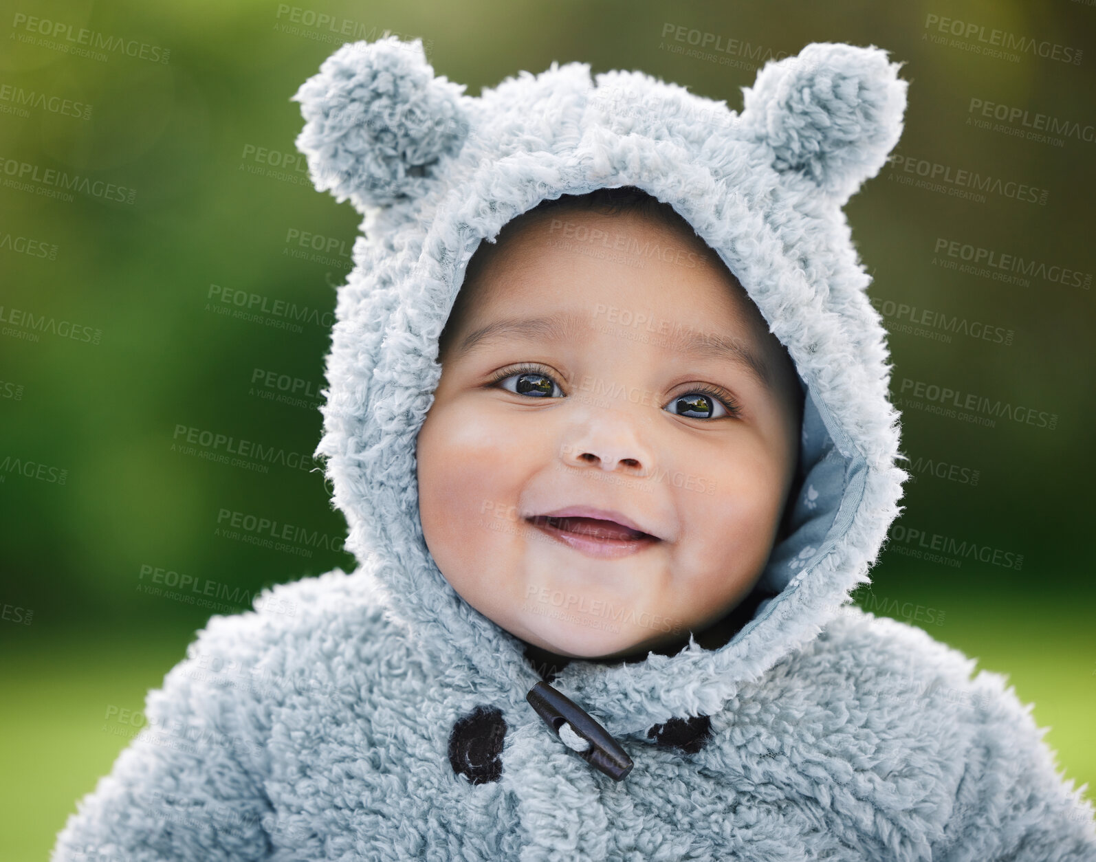 Buy stock photo Baby, childhood and happy in outdoor, backyard or park for fun, joy and development as toddler. Boy, kid and positive in playground with growth, curiosity and weekend in garden for adventure as youth