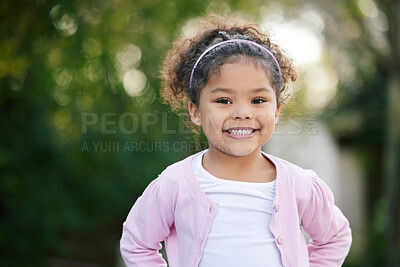 Buy stock photo Happy, smile and portrait of a kid in a garden with joy, positive emotion and childhood growth. Happiness, excited girl and face of cute child from Mexico standing outdoor in park with mockup space