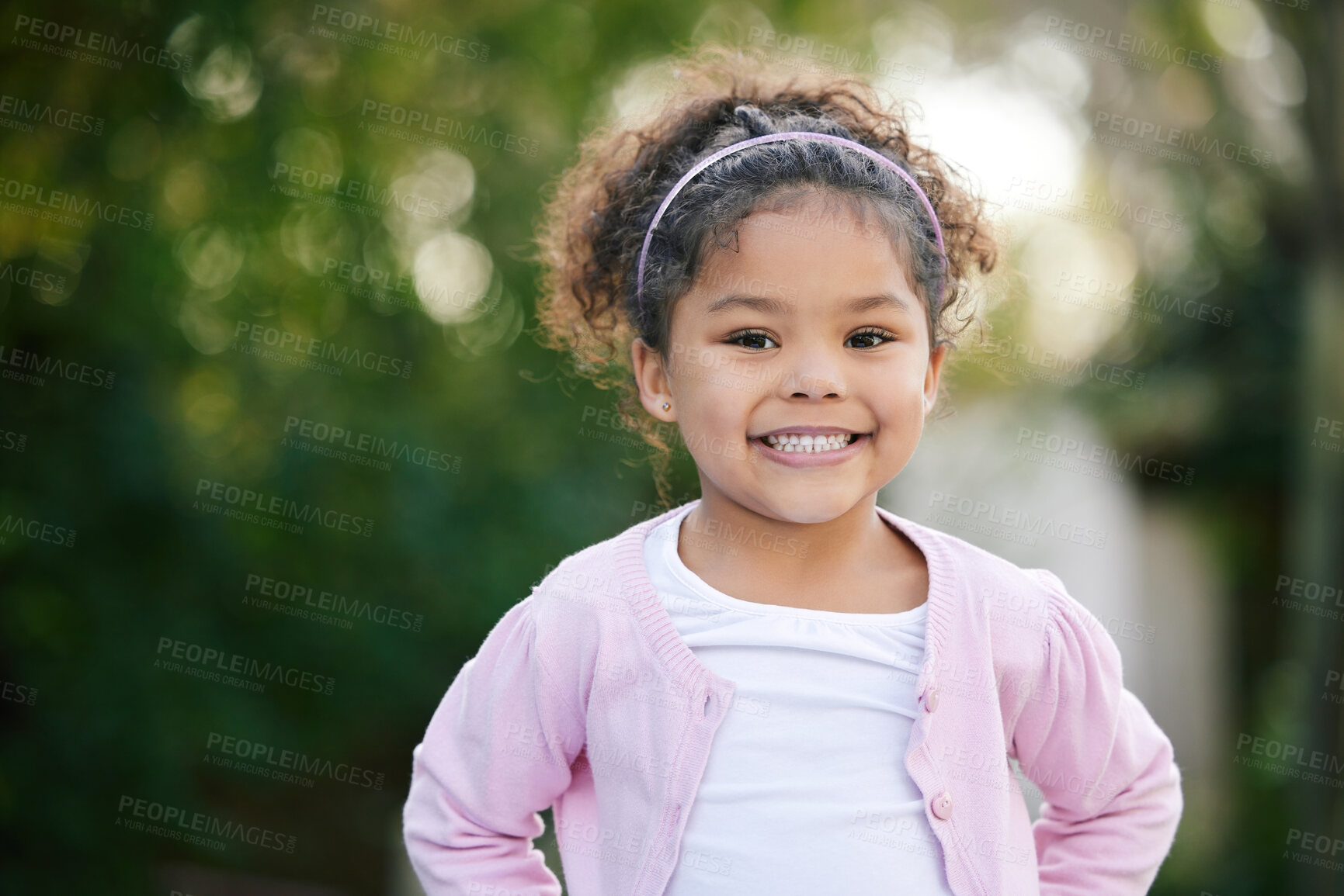 Buy stock photo Happy, smile and portrait of a kid in a garden with joy, positive emotion and childhood growth. Happiness, excited girl and face of cute child from Mexico standing outdoor in park with mockup space