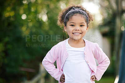 Buy stock photo Girl, portrait and happy in playground, backyard or park for fun, joy and development as kid. Child, toddler and positive in outdoor for growth, curiosity and weekend in garden for adventure as youth