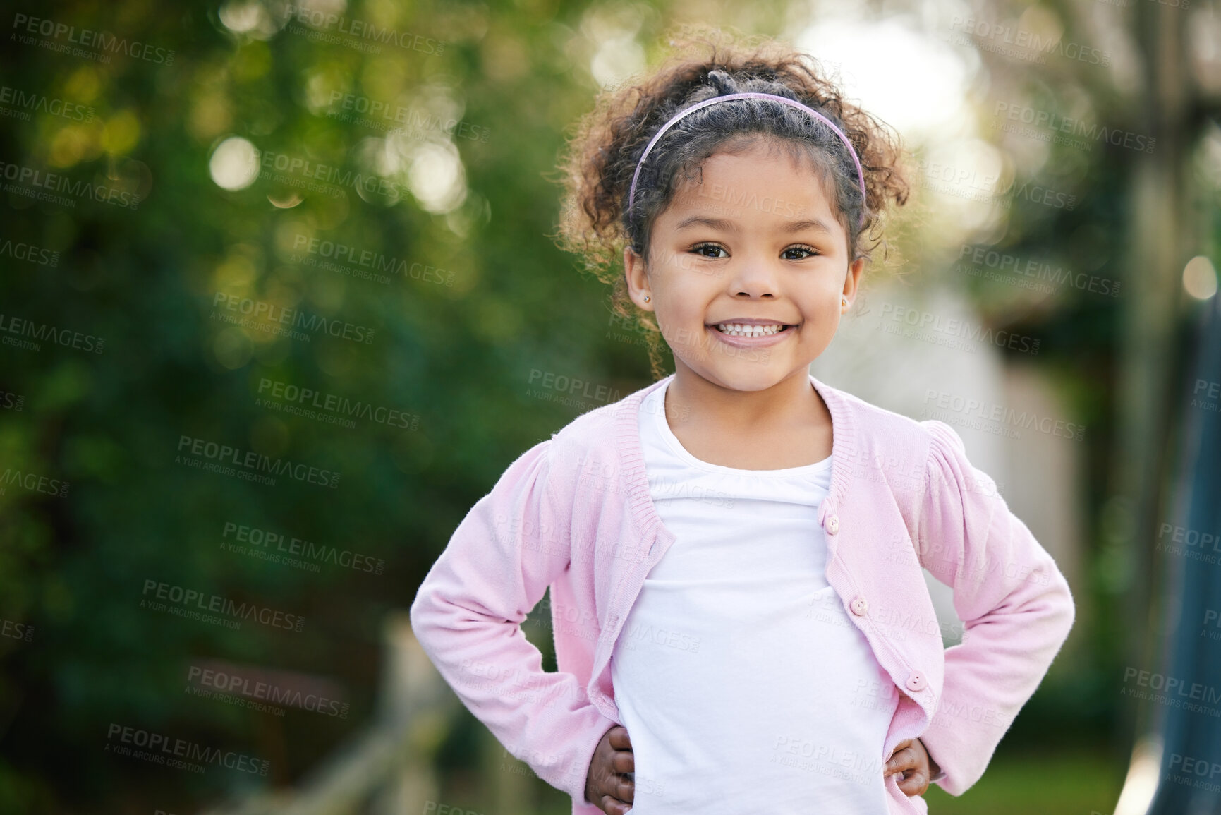 Buy stock photo Girl, portrait and happy in playground, backyard or park for fun, joy and development as kid. Child, toddler and positive in outdoor for growth, curiosity and weekend in garden for adventure as youth