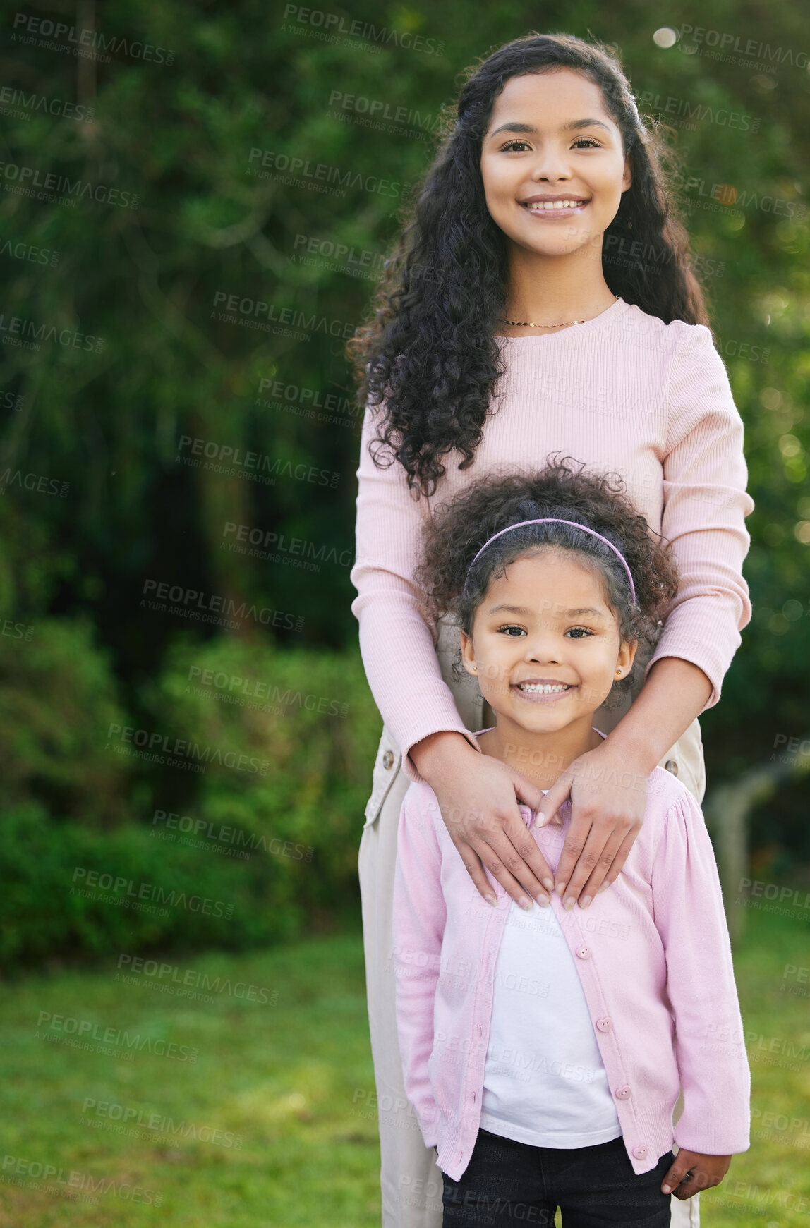 Buy stock photo Portrait, smile and mother with kid at park on vacation or family holiday in garden together. Happy, mom and girl child outdoor for support, connection and love of parent with daughter in Argentina