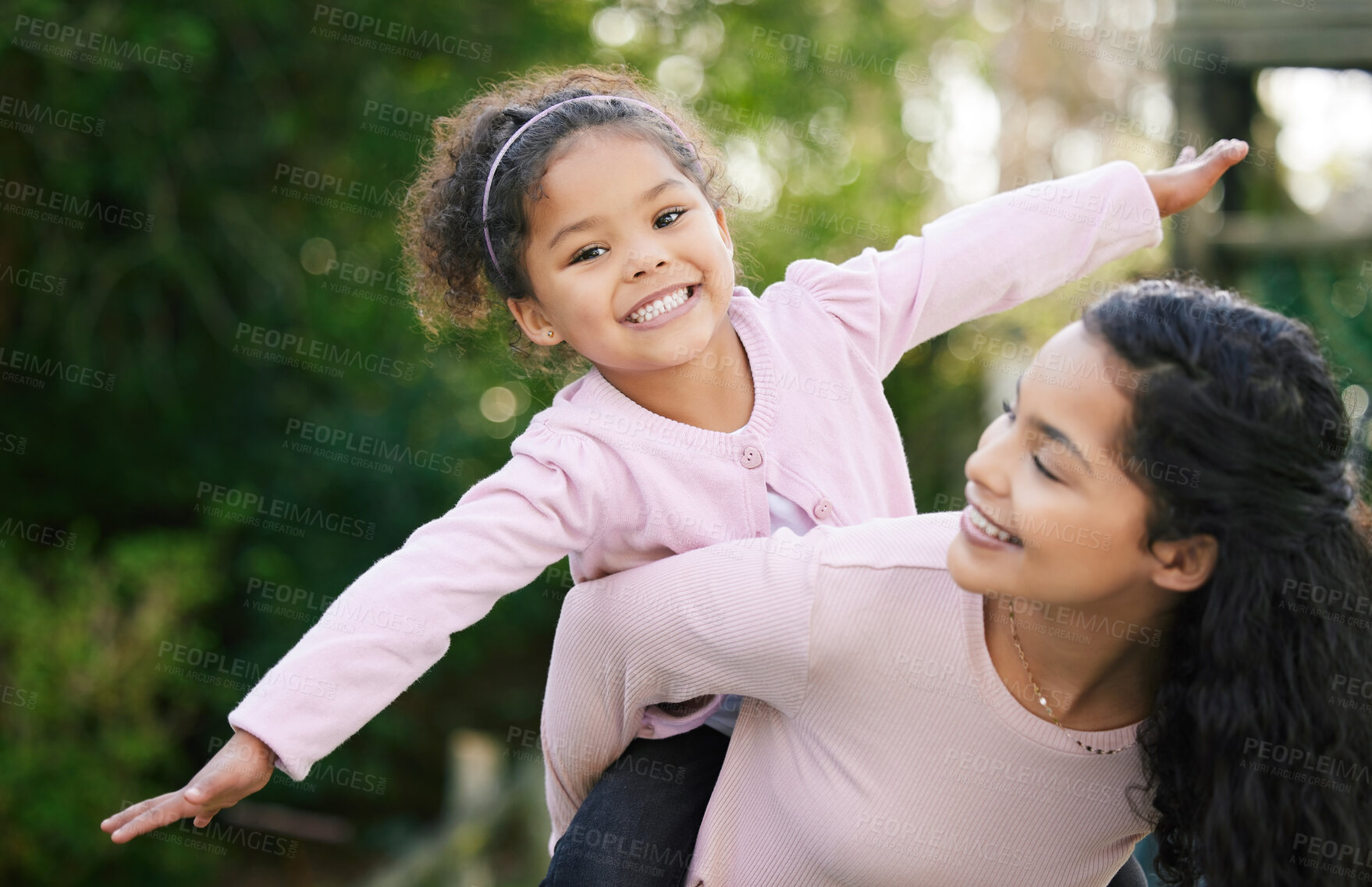 Buy stock photo Mother, child and bonding in portrait with piggyback for development, support and together. Daughter, woman and playful with airplane, growth and love as happy, kid and family for fun in outdoor