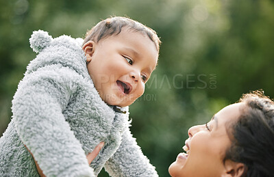 Buy stock photo Happy, mom and baby in park for playing, love or bonding together for single parent or care. Outdoor, relax and proud mother in nature for support, security or safety with smile, growth or newborn