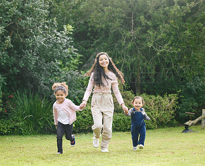 Buy stock photo Mother, kids and portrait for running in outdoor, freedom and holding hands for fun in countryside. Mom, children and family for playing games in nature on holiday, support and love on weekend trip